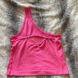 4/$30 Asymmetric One-Shoulder Ribbed Tank Top in Bright Pink